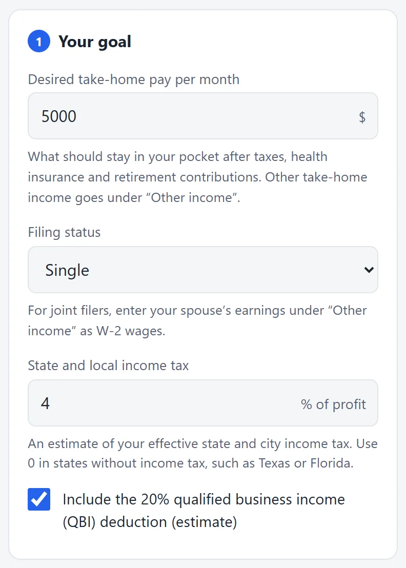 The “Your goal” card of the Freelance Rate Calculator with take-home pay, filing status and state tax