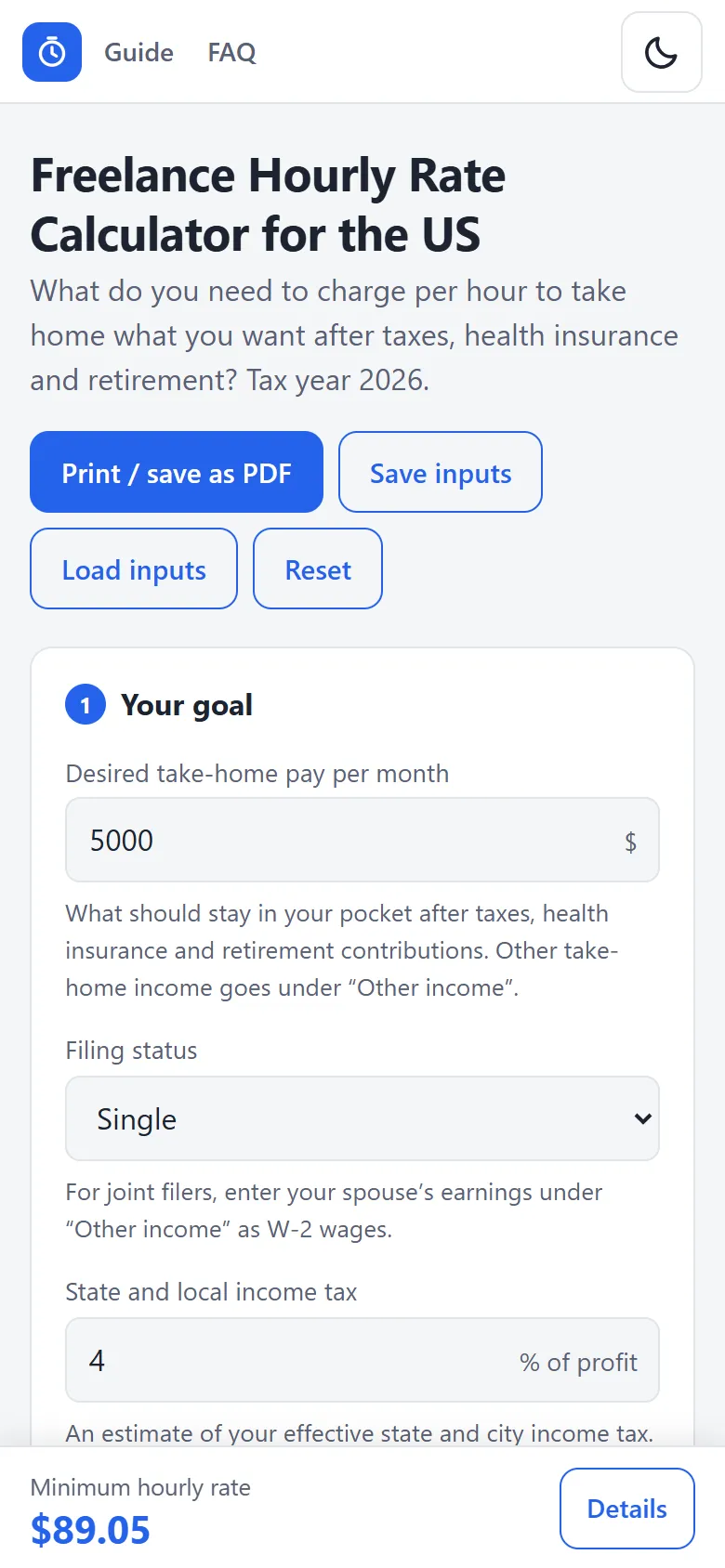 The Freelance Rate Calculator on a phone with the fixed rate bar at the bottom edge
